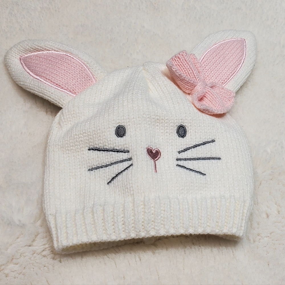 Charming Bunny Ear Knit Hat with Pink Accents Size 0-6m